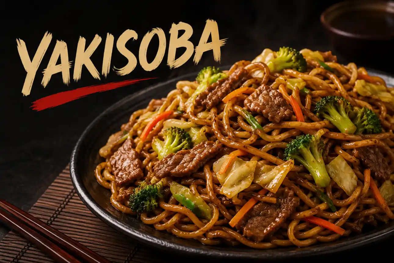 Yakissoba com macarrão estilo japonês em prato fundo, com tiras de carne, legumes como brócolis e cenoura, servido em mesa de madeira; imagem promocional “Yakisoba”.