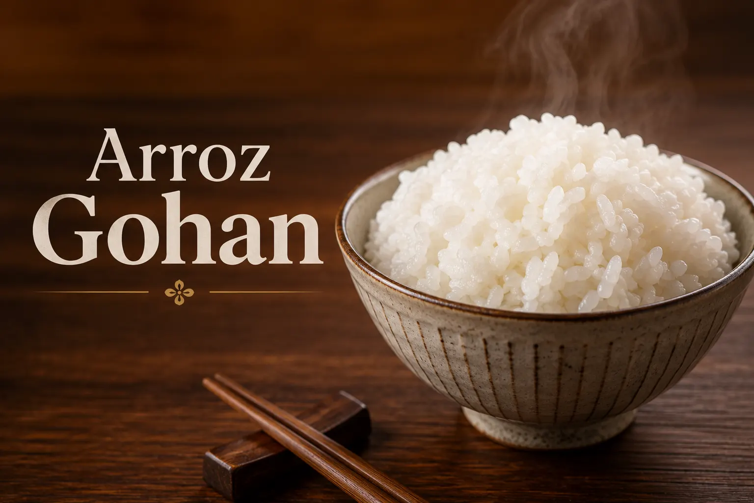 Foto de uma tigela com arroz gohan branco, grãos brilhantes e bem destacados, sobre uma mesa de madeira, com hashis de madeira ao lado e texto “Arroz Gohan”.