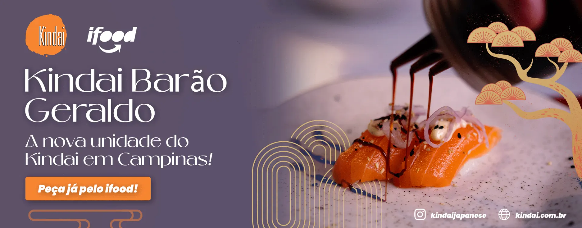 Arte promocional do restaurante Kindai Banão Geraldo em Campina: prato com legumes assados e texto “Peça já pelo ifood” com logos da Kindai e ifood.