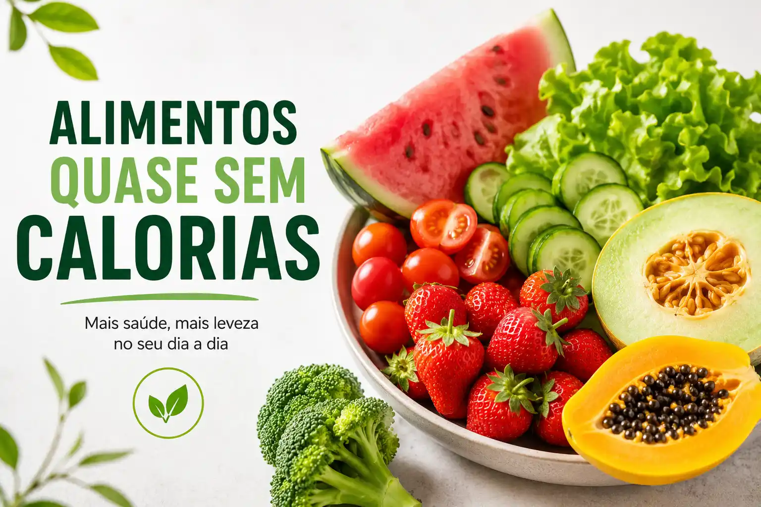 Banner com texto “ALIMENTOS QUE SE MUEM CALORIAS” e “Mais saúde, mais leveza no seu dia a dia”, ao lado de uma tigela com frutas e verduras frescas como melão, melancia, morangos, tomate-cereja, pepino e brócolis, em fundo claro.