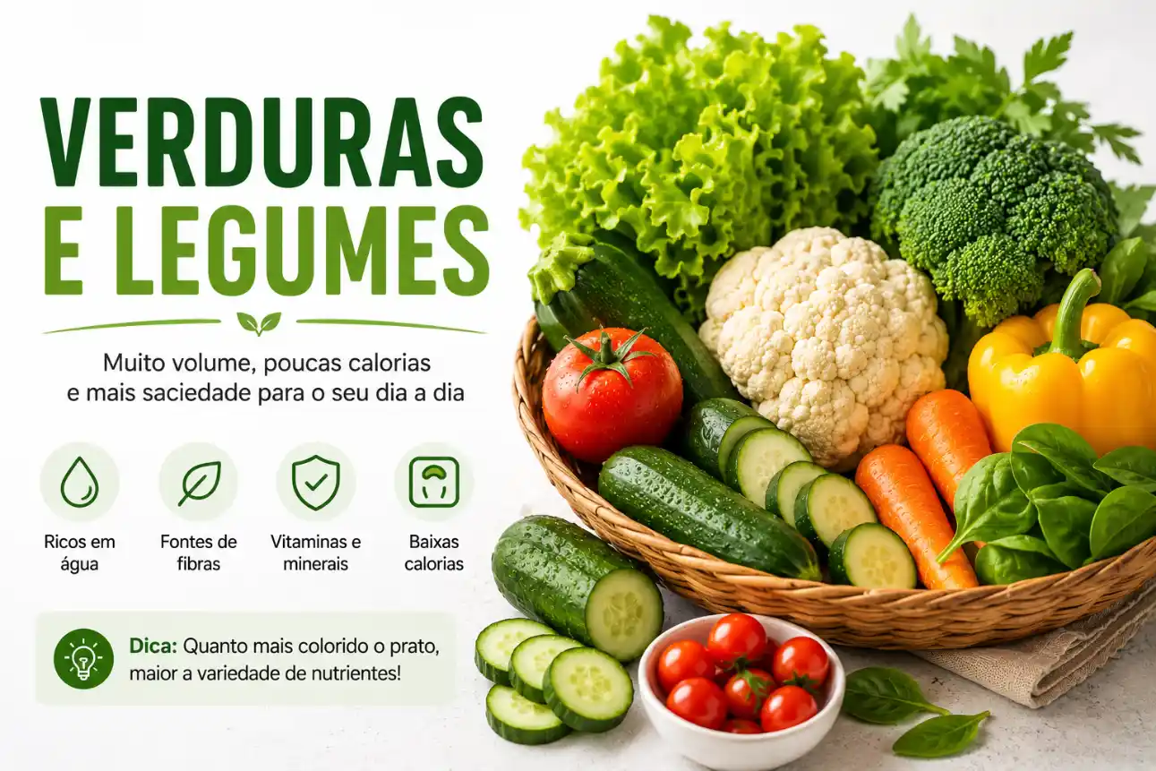 Cartaz com o texto “Verduras e Legumes” ao lado de uma cesta com brócolis, couve-flor, tomate, cenoura, abobrinha, pepino e folhas verdes, destacando benefícios como poucas calorias e saciedade.