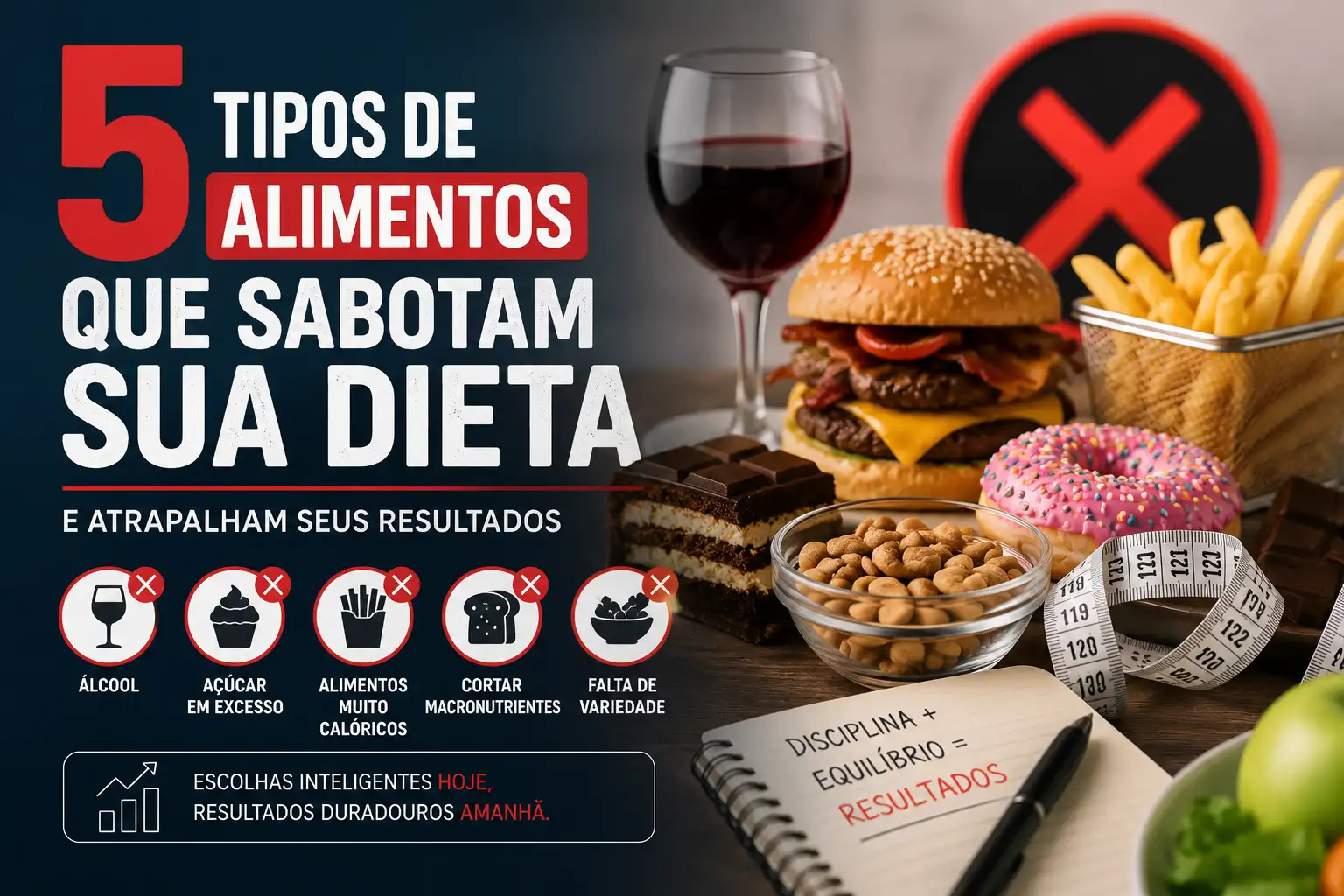 Imagem sobre 5 tipos de alimentos que sabotam a dieta, com destaque para hambúrguer, batatas fritas, chocolate, doces, alimentos gordurosos e fita métrica ao lado de uma lista de disciplina e resultados.