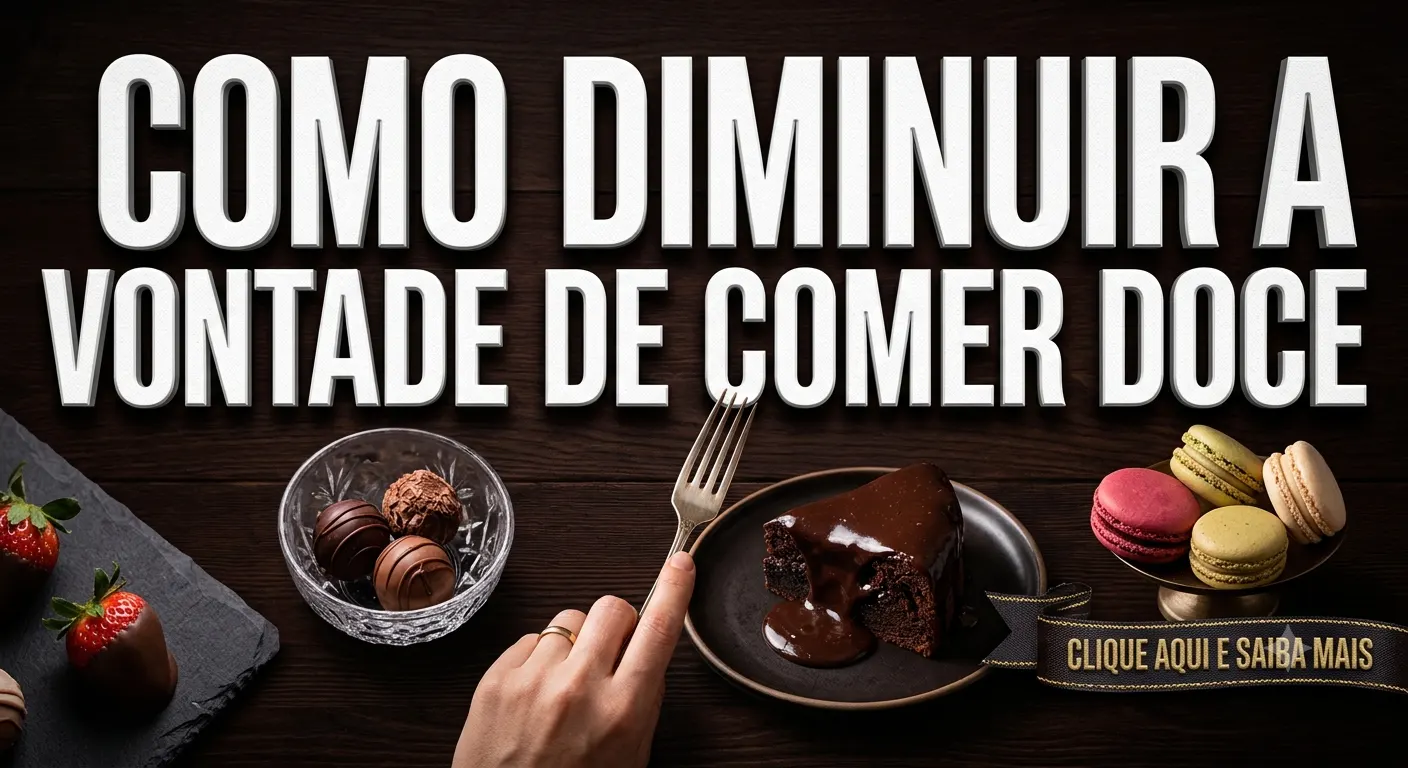 Imagem promocional com sobremesa: mão segurando um garfo perto de um pedaço de bolo de chocolate com cobertura, ao lado de frutas, brigadeiro e macarons, com o texto “Como diminuir a vontade de comer doce”.