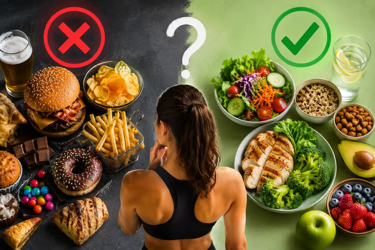 Mulher com roupa esportiva em composição dividida: lado com alimentos ultraprocessados e doces com sinal vermelho de alerta, e lado com refeições saudáveis, verduras e grãos com sinal verde de check, representando escolhas alimentares.