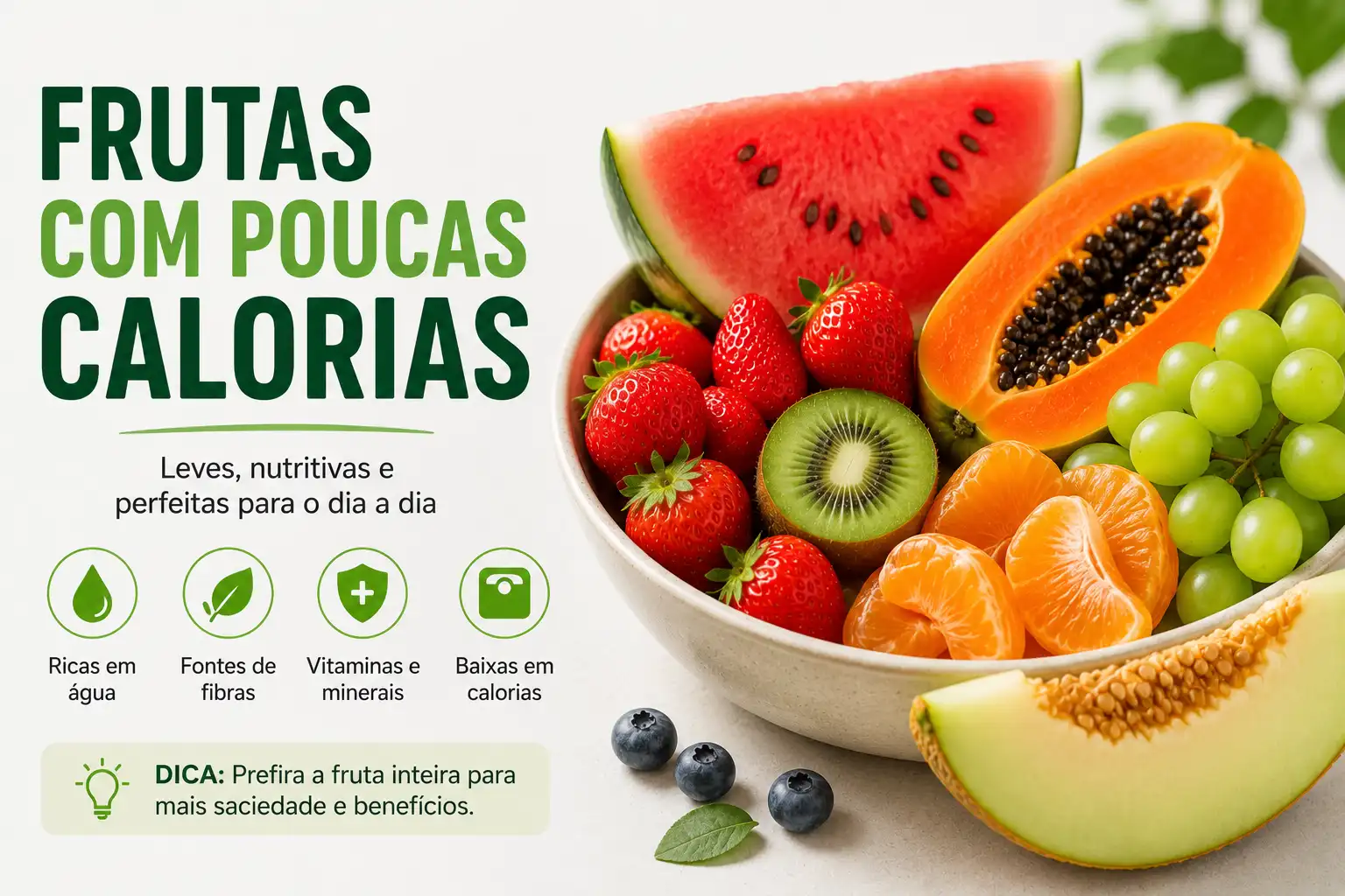 Cartaz com frutas em uma tigela e pedaço de melão ao lado, mostrando morangos, kiwis, laranja e uvas, com texto “Frutas com poucas calorias” e benefícios para o dia a dia.