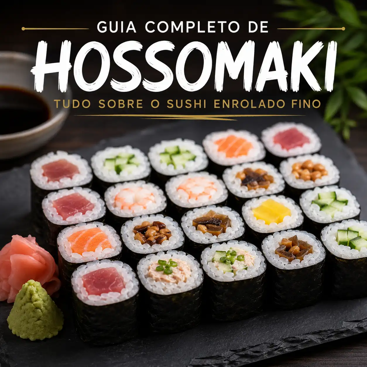Guia completo de Hossomaki com sushis enrolados finos, mostrando diversos hossomakis de cores variadas sobre uma tábua com wasabi e peças de sushi ao fundo.