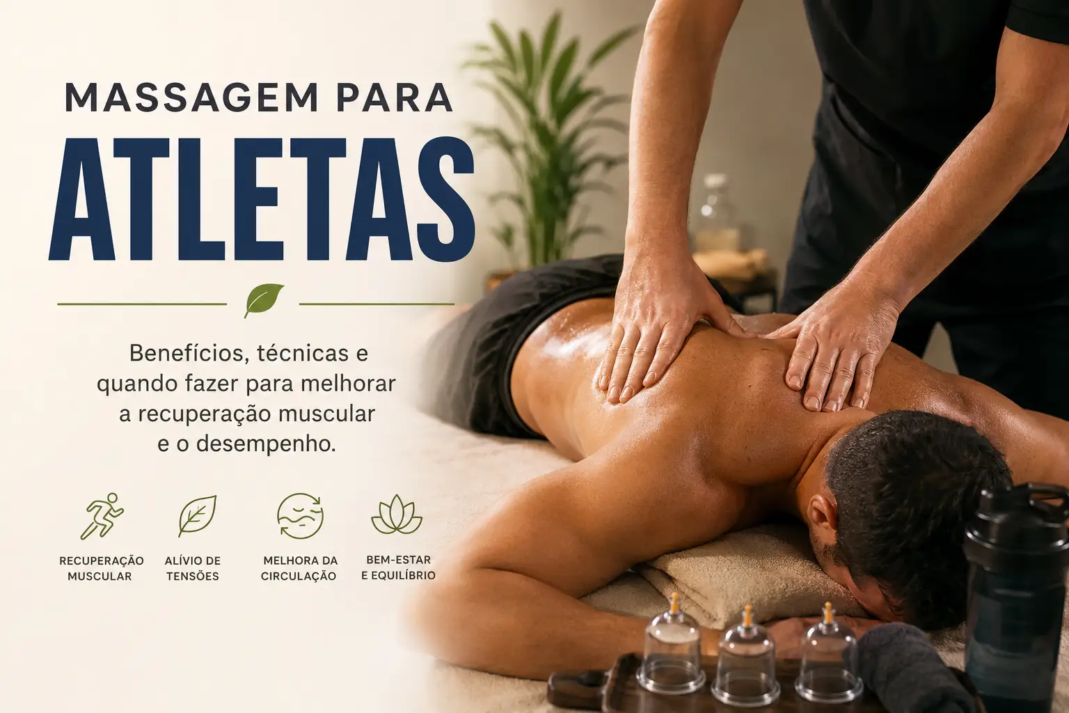 Imagem de massagem para atletas com terapeuta aplicando técnicas nas costas de um homem em um centro de bem-estar. Texto indica benefícios, alívio de tensões, melhora da circulação e recuperação muscular.