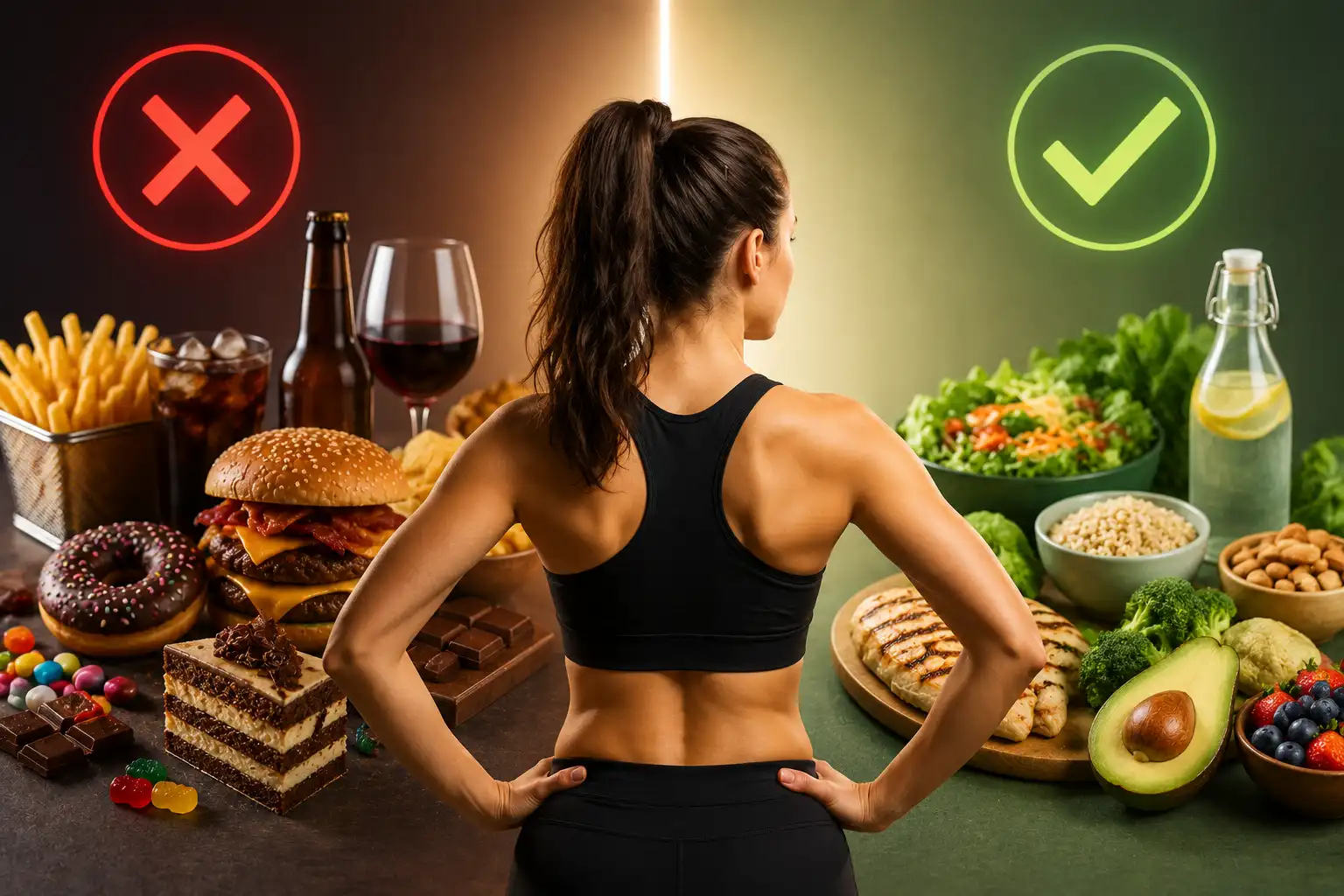 Mulher com roupa esportiva em composição dividida: lado com alimentos ultraprocessados e doces com sinal vermelho de alerta, e lado com refeições saudáveis, verduras e grãos com sinal verde de check, representando escolhas alimentares.