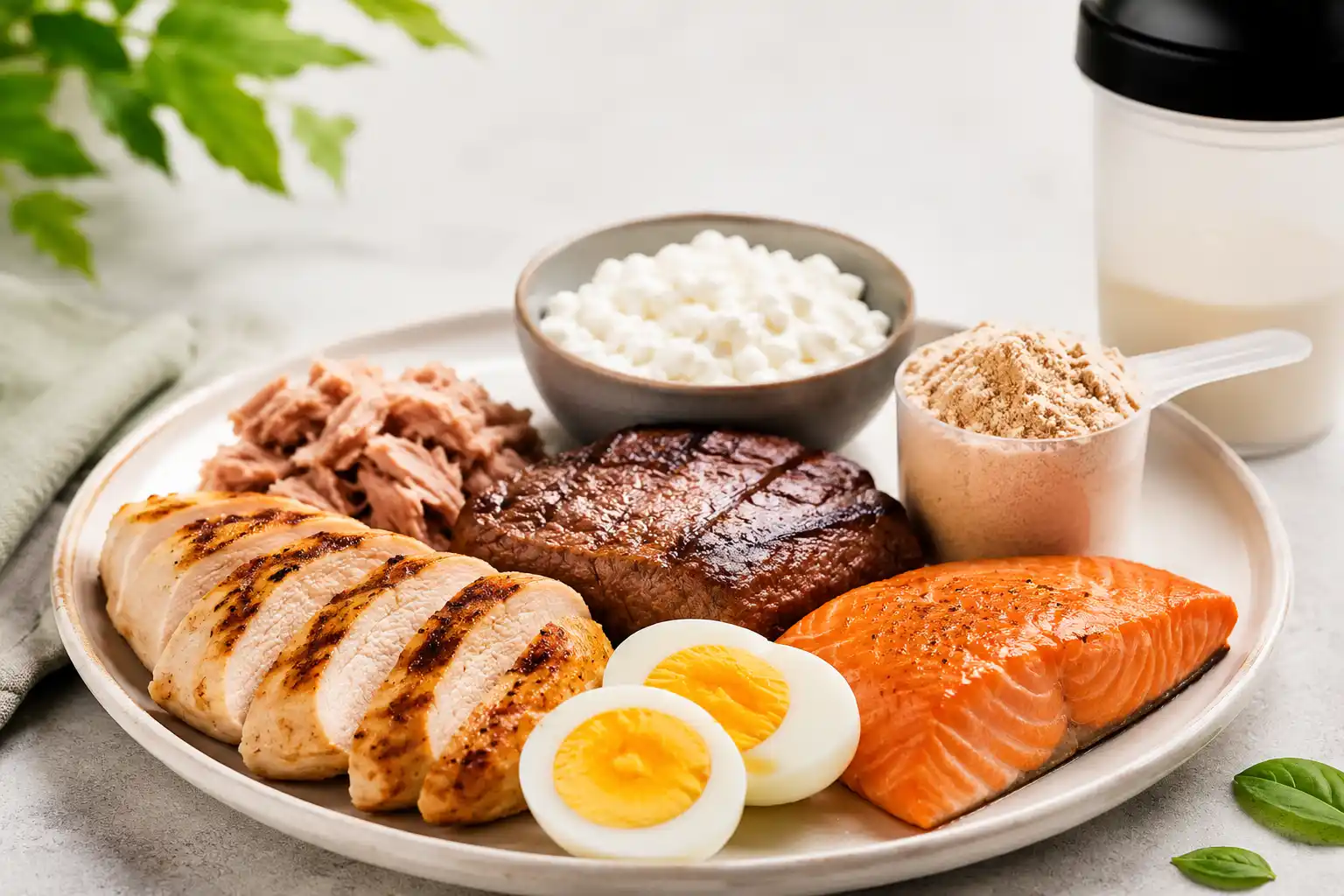 Prato com porções de frango grelhado fatiado, ovos cozidos, salmão e linguiça, além de acompanhamentos como creme branco e farofa em mesa clara com folhas verdes ao fundo.