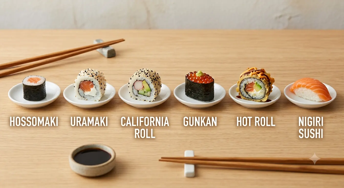 Pratos com diferentes tipos de sushi sobre mesa de madeira: Hossomaki, Uramaki, Califórnia Roll, Gunkan, Hot Roll e Nigiri Sushi, com hashi e molho de soja ao fundo.