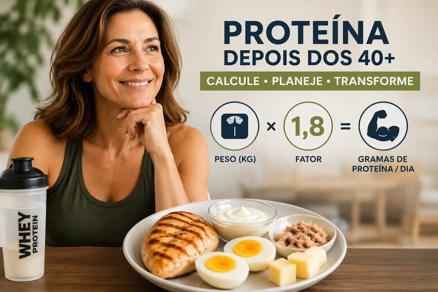 Mulher sorridente com coqueteleira de whey protein e prato com ingredientes proteicos, ao lado do texto “Proteína depois dos 40+”, com cálculo de peso e fator para gramas de proteína por dia.