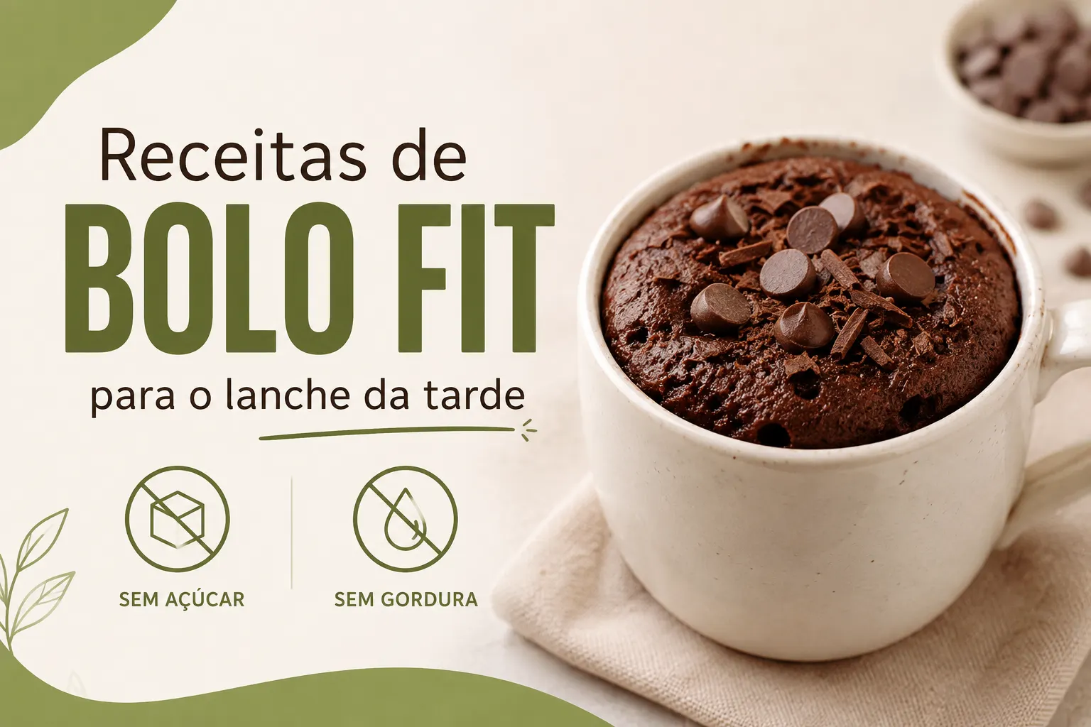 Imagem de capa com o texto “Receitas de Bolo Fit para o lanche da tarde”, ao lado de um ramequim com bolo marrom com gotas de chocolate e ícones “sem açúcar” e “sem gordura”.