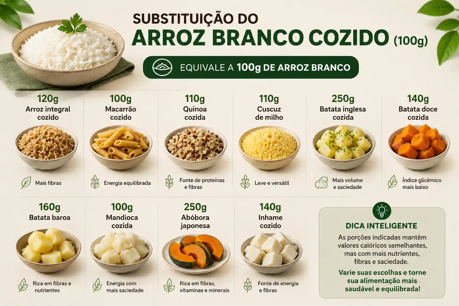 Infográfico de substituição do arroz branco cozido: 100 g equivalem a 100 g de arroz branco e lista alternativas como 120 g de arroz integral cozido, 110 g de quinua cozida, 250 g de betata inglesa e 140 g de batata doce, com dicas saudáveis.
