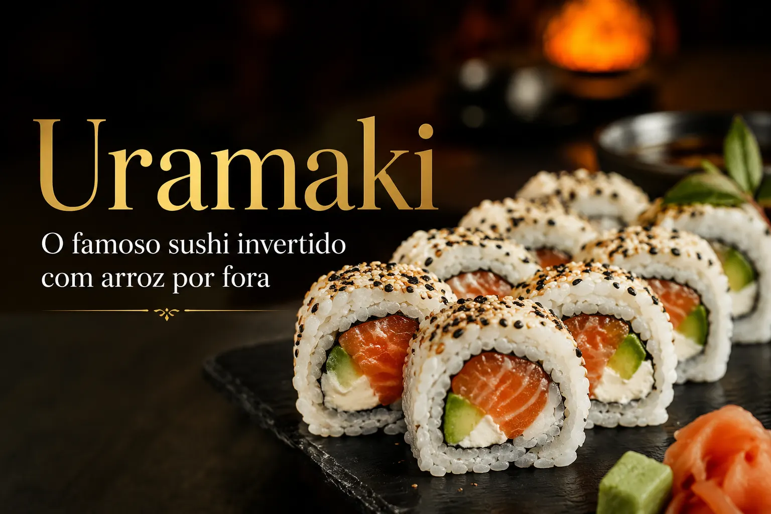 UrmakI: sushi invertido com arroz por fora, com fatias de salmão e pepino, coberto por gergelim preto e branco, em uma travessa de madeira com fundo desfocado e texto promocional.