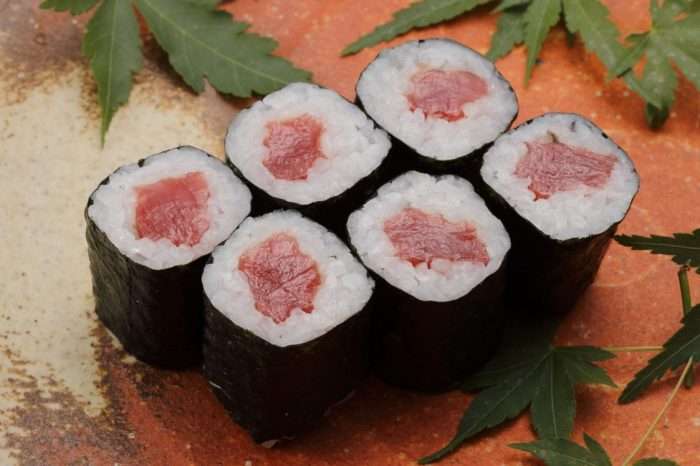 hossomaki de atum com fatias de peixe rosadas sobre arroz, em formato cilíndrico sobre um prato com folhas verdes e fundo em tom terroso.