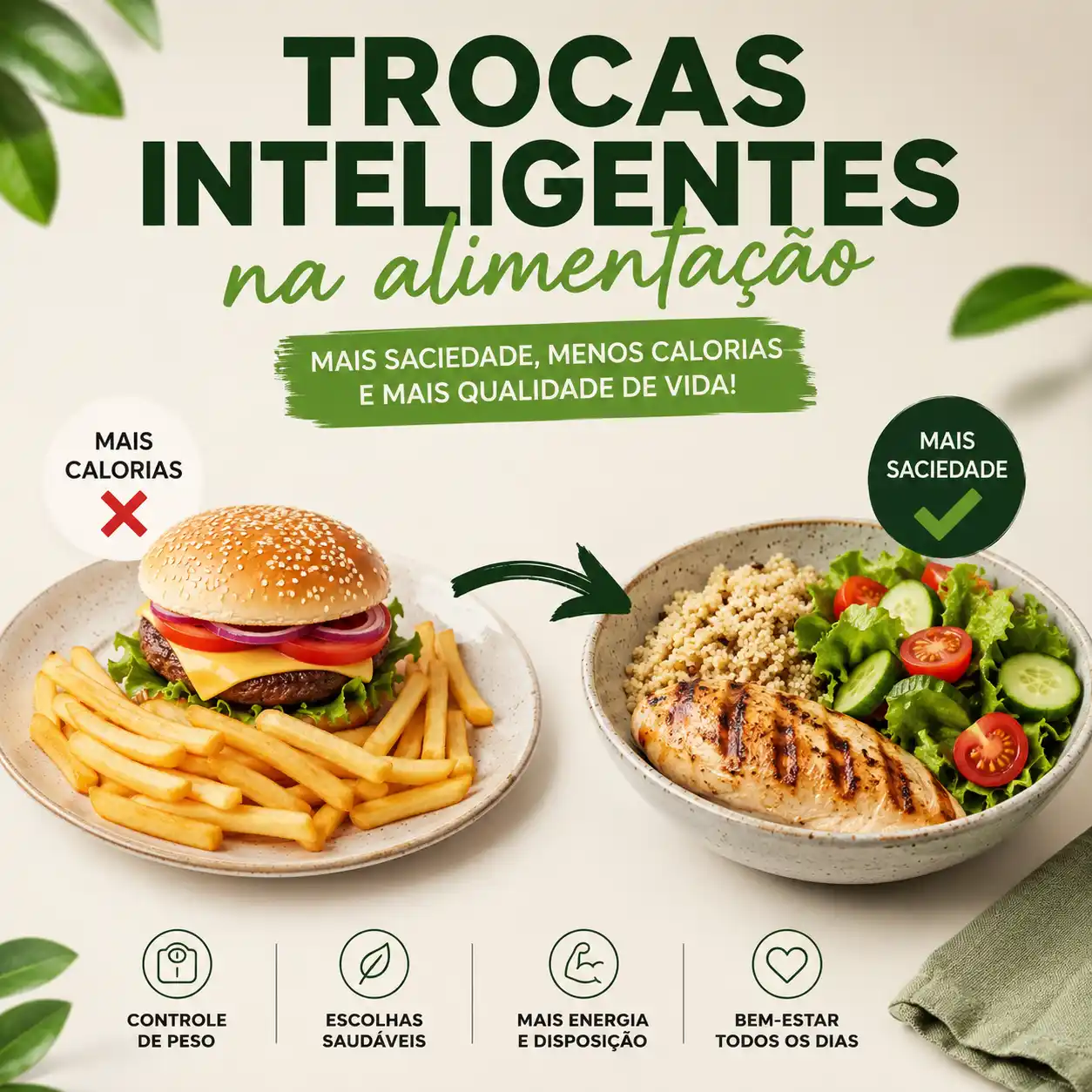 Imagem promocional com o texto “TROCAS INTELIGENTES na alimentação”, mostrando dois pratos comparativos: à esquerda um hambúrguer com batatas e, à direita, um prato com peito de frango grelhado, salada e quinoa. Há ícones com benefícios como menos calorias, mais saciedade, controle de peso e bem-estar.