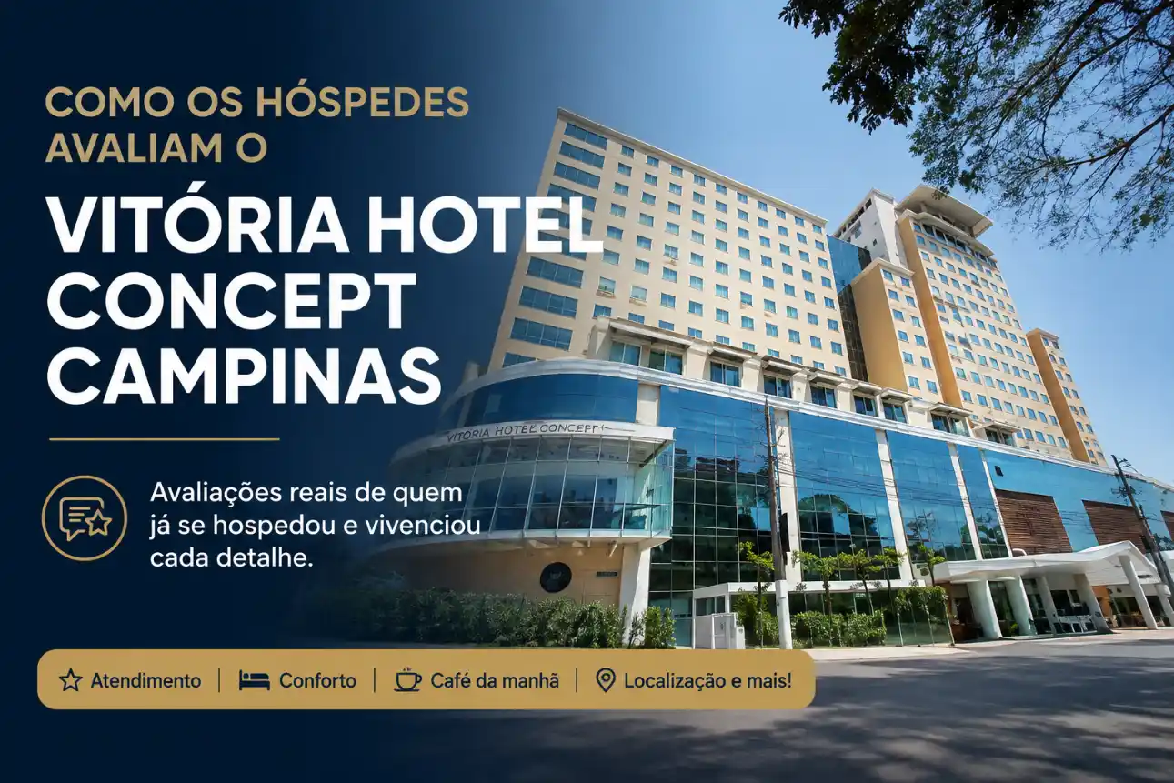 Banner de hotel com fachada do Vitoria Hotel Concept Campinas ao ar livre, texto sobre avaliações reais e destaque para atendimento, conforto e localização.