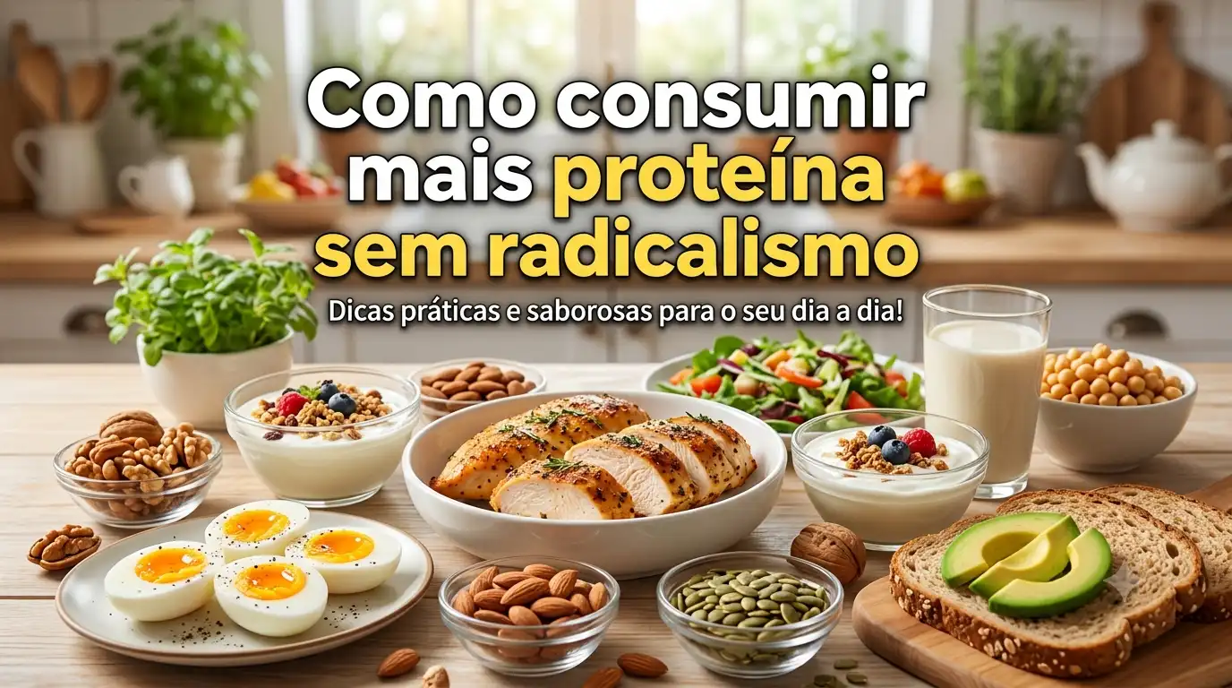 Mesa com alimentos ricos em proteína como peito de frango, ovos cozidos, iogurte, grão-de-bico, feijões, abacate e sementes, com texto “Como consumir mais proteína sem radicalismo”.