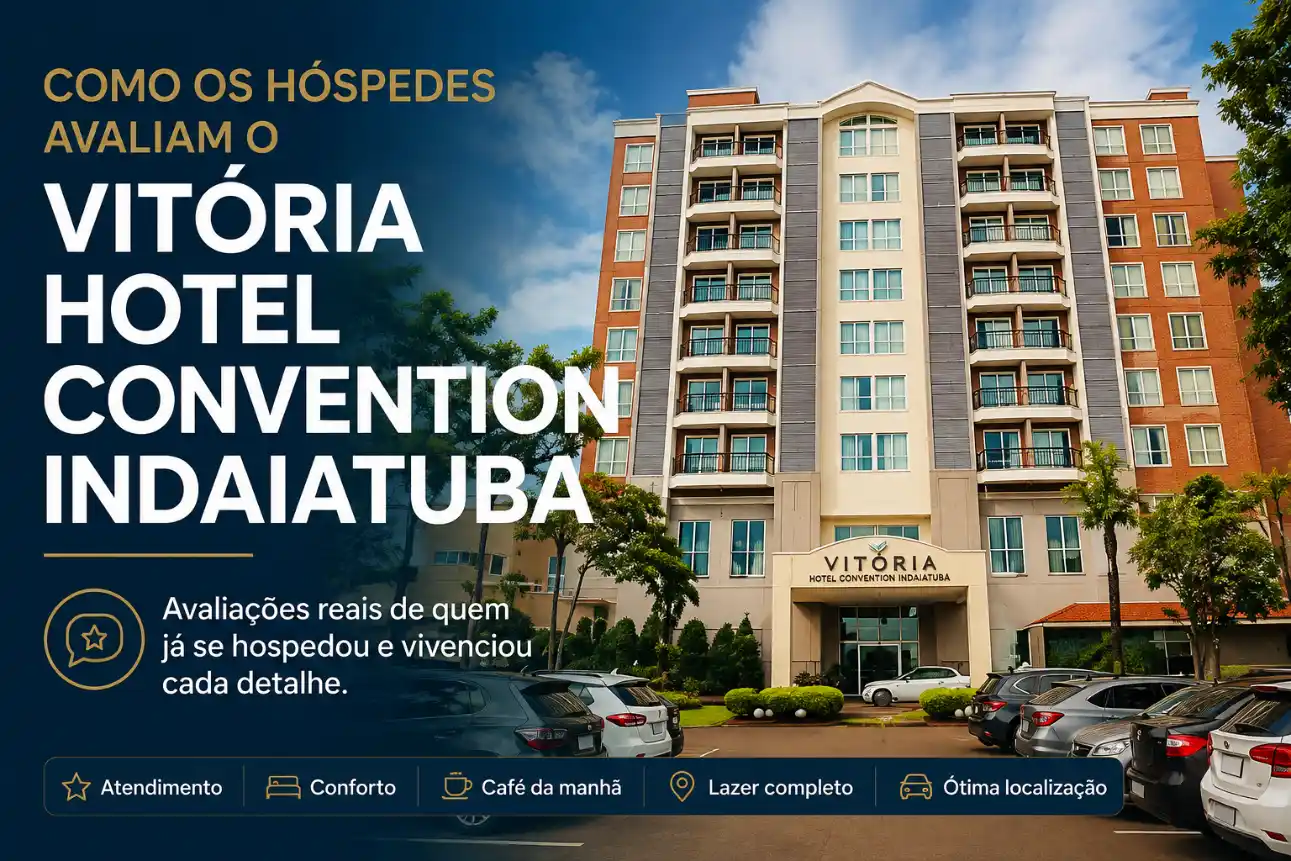 Fachada de hotel com estacionamento e carros em frente, sob céu azul, com texto “Como os hóspedes avaliam o Vitória Hotel Convention Indaiatuba”.