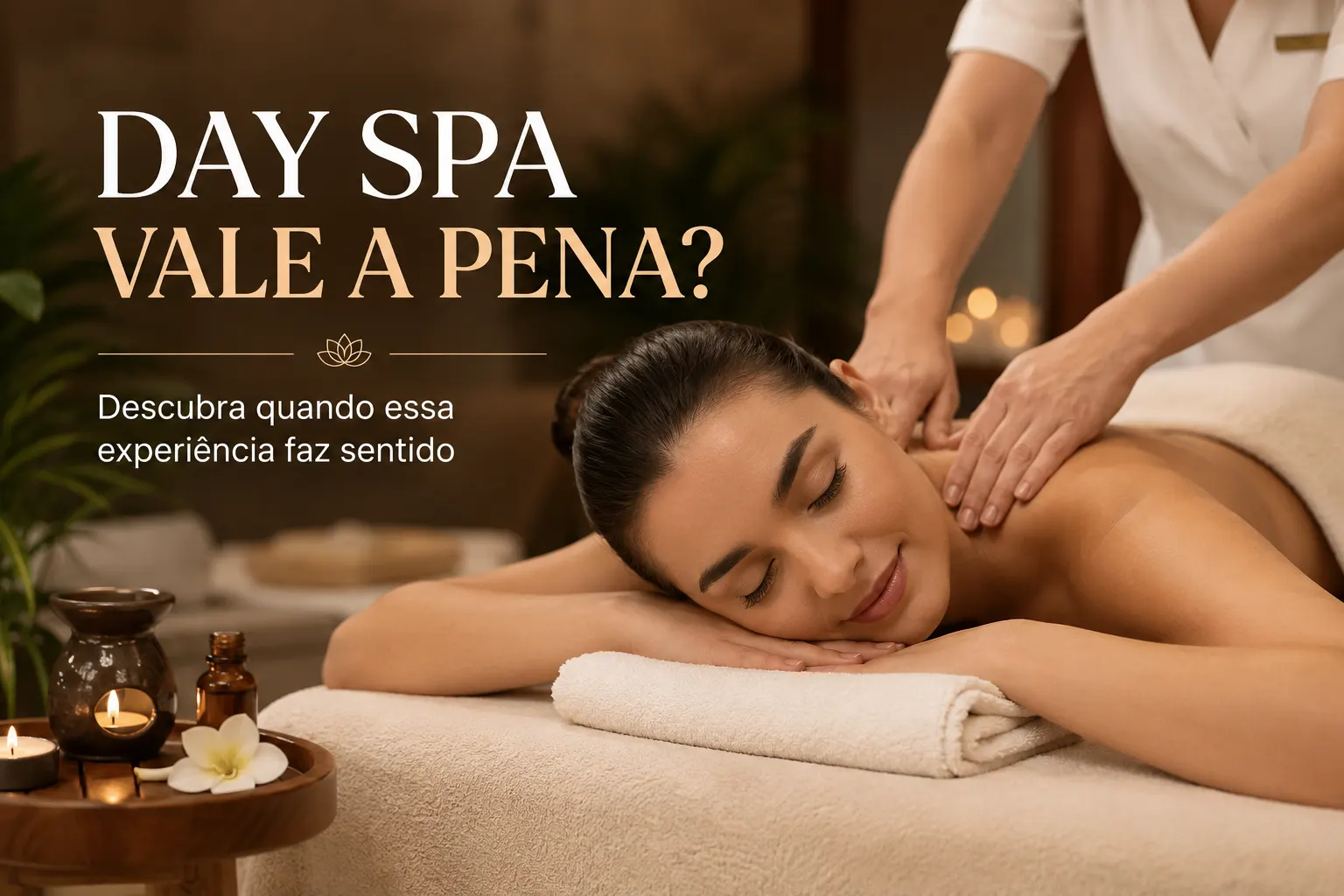 Imagem promocional de Day Spa com mulher em massagem relaxante, toalha sobre a maca, mãos aplicando pressão no ombro e elementos como velas e flores ao fundo.