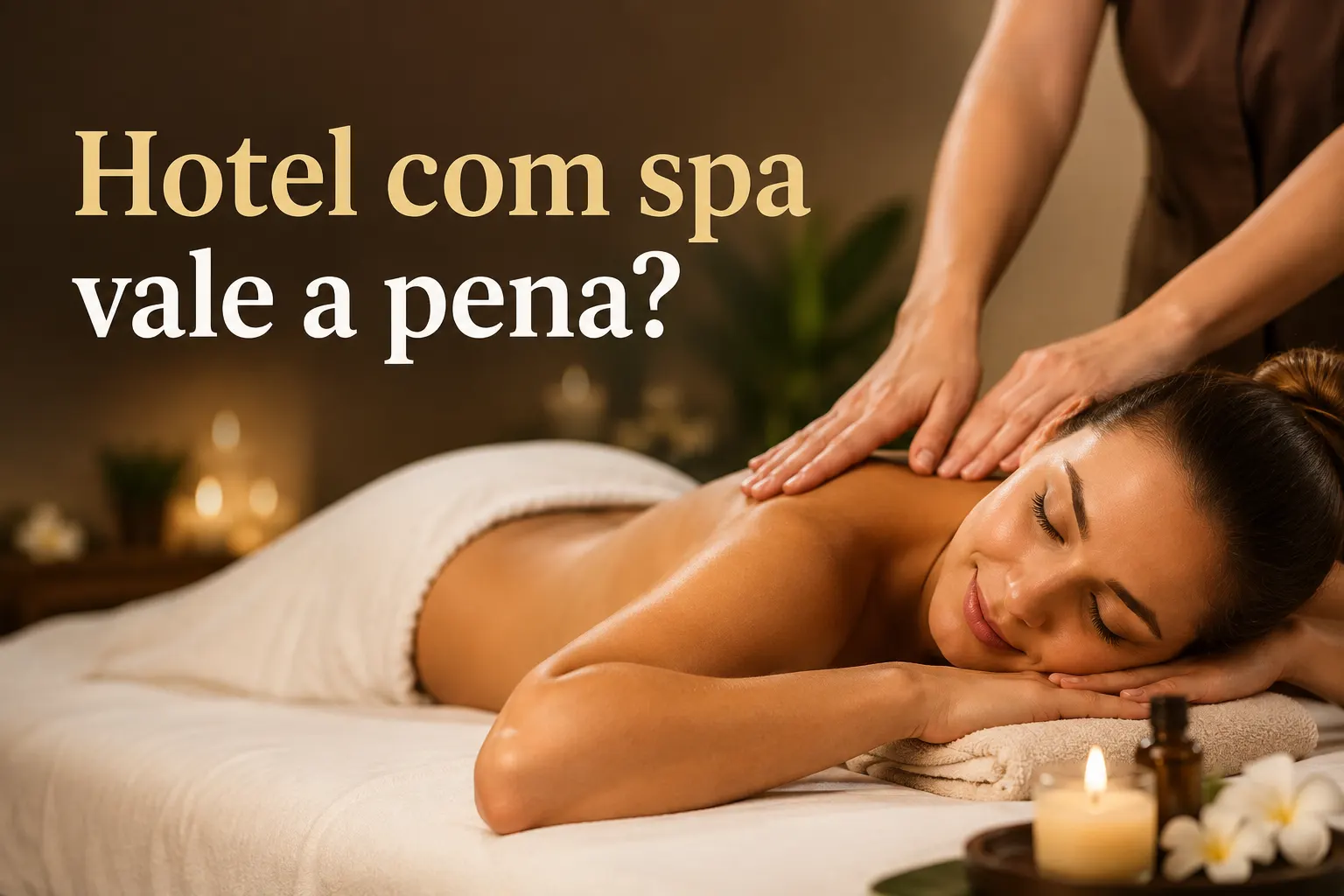 Hotel com spa vale a pena? Mulher recebendo massagem relaxante em ambiente de spa com toalha, velas acesas e óleo durante o tratamento no quarto