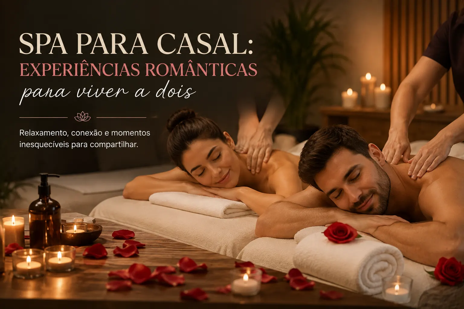 Casal em uma sessão de spa relaxante com massagens, toalhas brancas, velas acesas e pétalas de rosas sobre a mesa, em ambiente acolhedor.