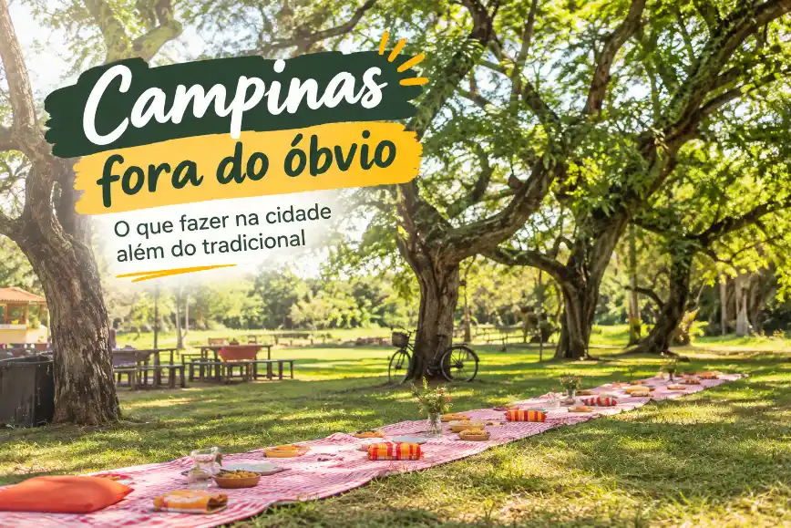 Anúncio de piquenique ao ar livre em um gramado sombreado por árvores, com toalha xadrez estendida e comida, ao fundo uma bicicleta e texto “Campinas fora do óbvio”.