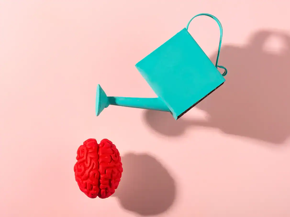 Vista superior de um cérebro em 3D vermelho e uma peça azul em forma de pequena garra com haste, sobre fundo rosa, ideia conceitual de saúde mental e funcionamento cognitivo.