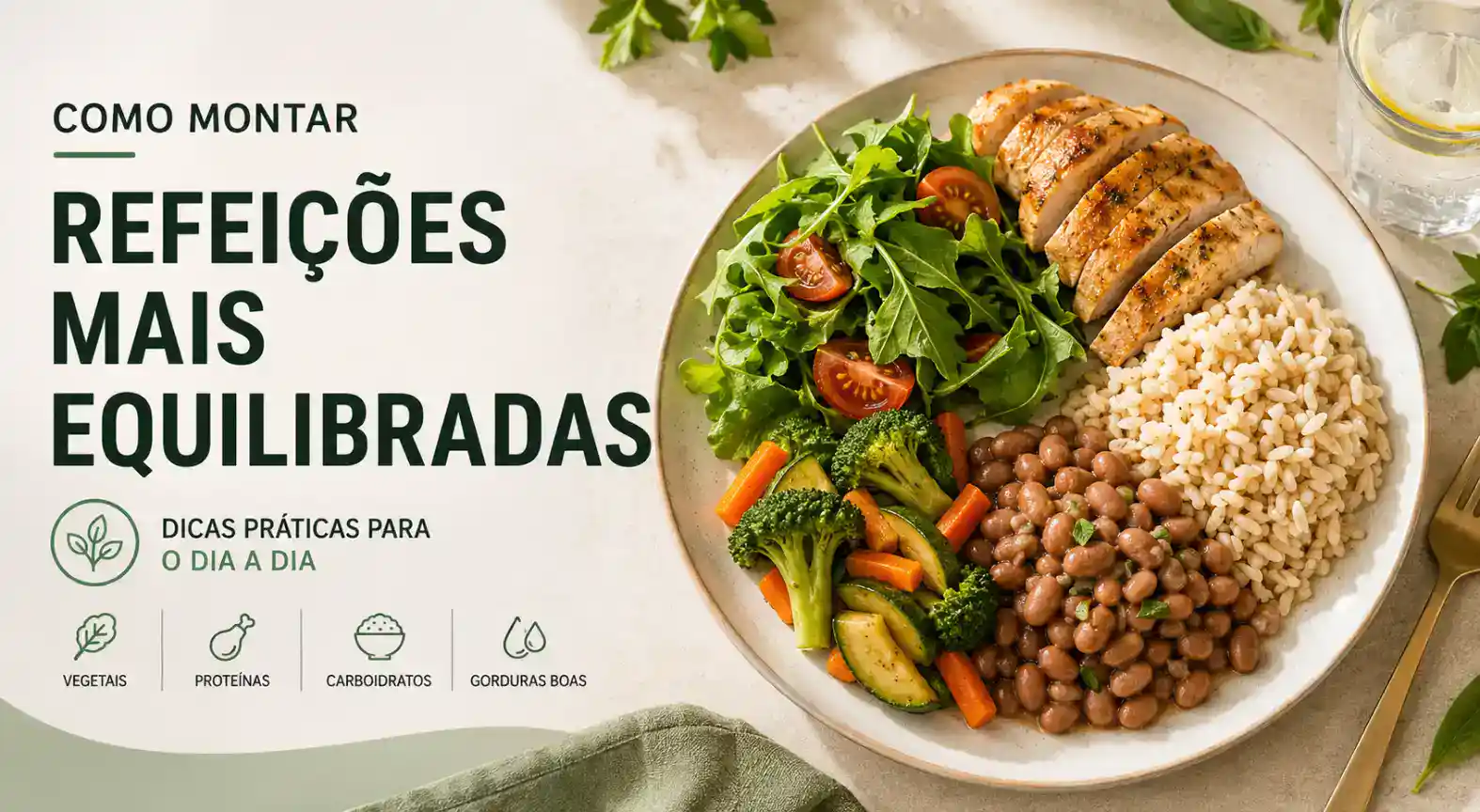 Prato com refeição balanceada com salada verde, legumes, frango grelhado e grão-de-bico com arroz, com texto “Como montar REFEIÇÕES MAIS EQUILIBRADAS”.