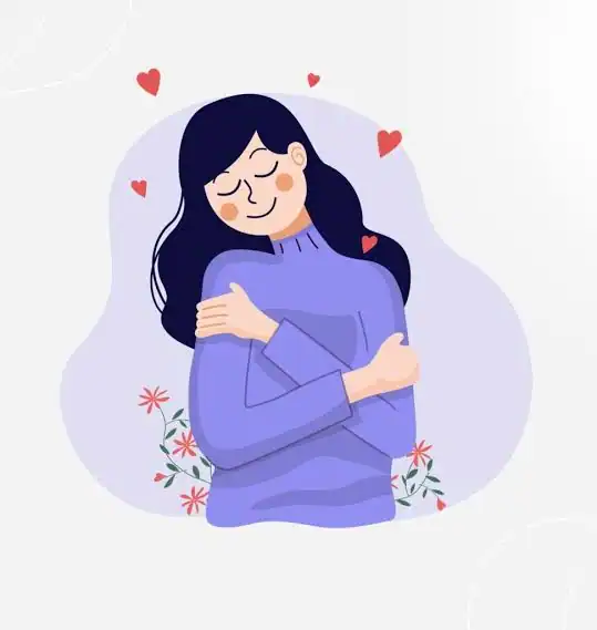 Ilustração vetorial de uma mulher abraçando a si mesma com expressão serena, cercada por corações vermelhos e flores pequenas, transmitindo carinho e amor