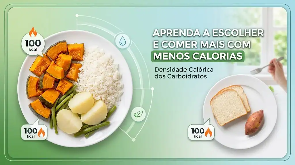 Infográfico sobre escolhas alimentares com menos calorias: prato com abóbora, arroz e legumes comparado a prato com pão e carboidratos, destacando densidade calórica dos carboidratos.