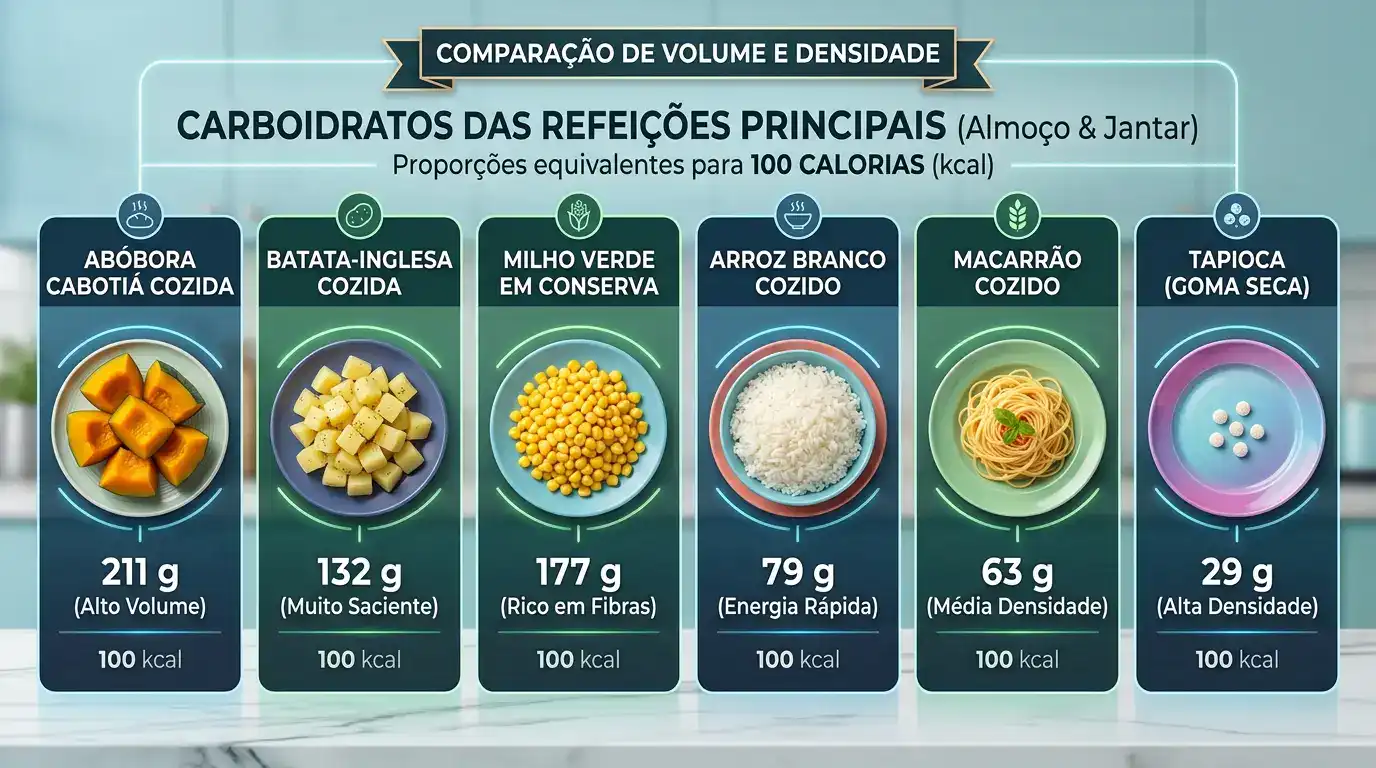 Infográfico comparando volume e densidade de carboidratos em refeições principais: abóbora cabotiá cozida, batata-inglesa cozida, milho verde em conserva, arroz branco cozido, macarrão cozido e tapioca (goma seca), com equivalência de 100 kcal e quantidades em gramas.
