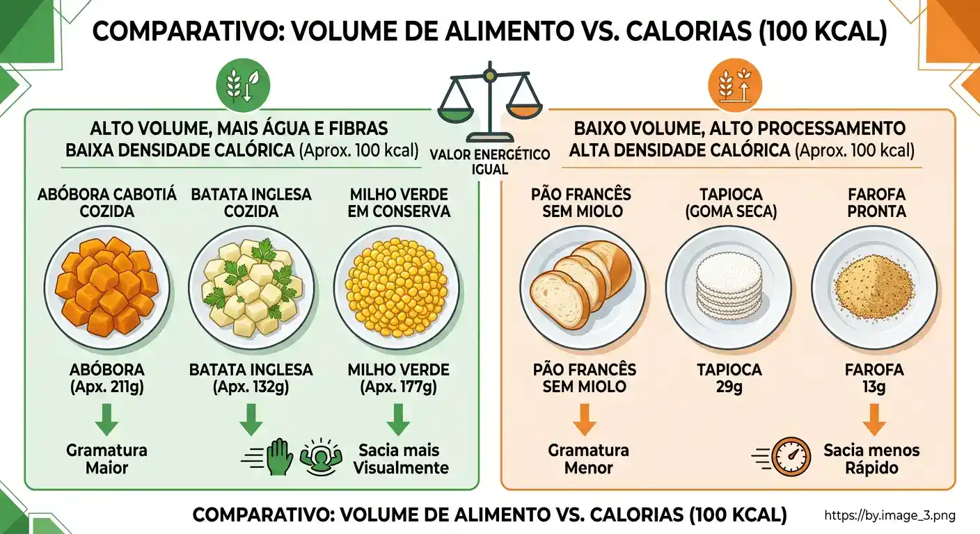 Infográfico comparativo de 100 calorias em carboidratos (almoço/jantar) mostrando abóbora cabotiá, batata-inglesa, batata-doce, arroz branco e macarrão cozido com quantidades em gramas.