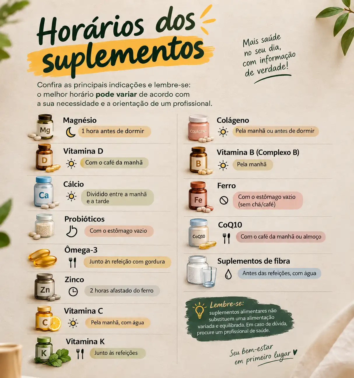 Infográfico com os horários dos suplementos e dicas de quando tomar magnésio, vitamina D, cálcio, ômega-3, vitamina C, ferro e outros para melhorar a rotina de saúde