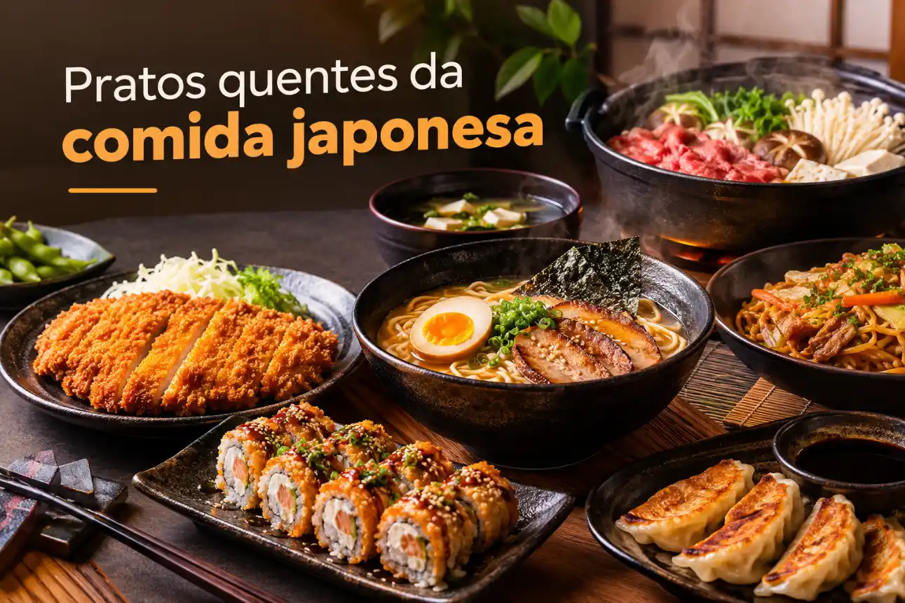 Pratos quentes da comida japonesa com ramen, sushi com ovo e gyoza, além de croquete e espetinhos de legumes em mesa posta, com texto na imagem: "Pratos quentes da comida japonesa".
