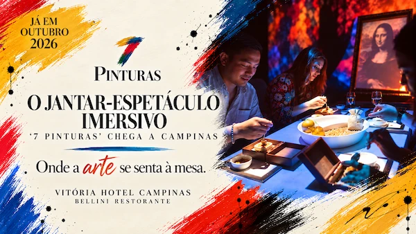Banner de evento “O JANTAR-ESPETÁCULO IMERSIVO” com destaque para pinturas e mesa posta, em ViTÓRIA Hotel Campinas e Bellini Restaurante, com ilustrações coloridas ao fundo.