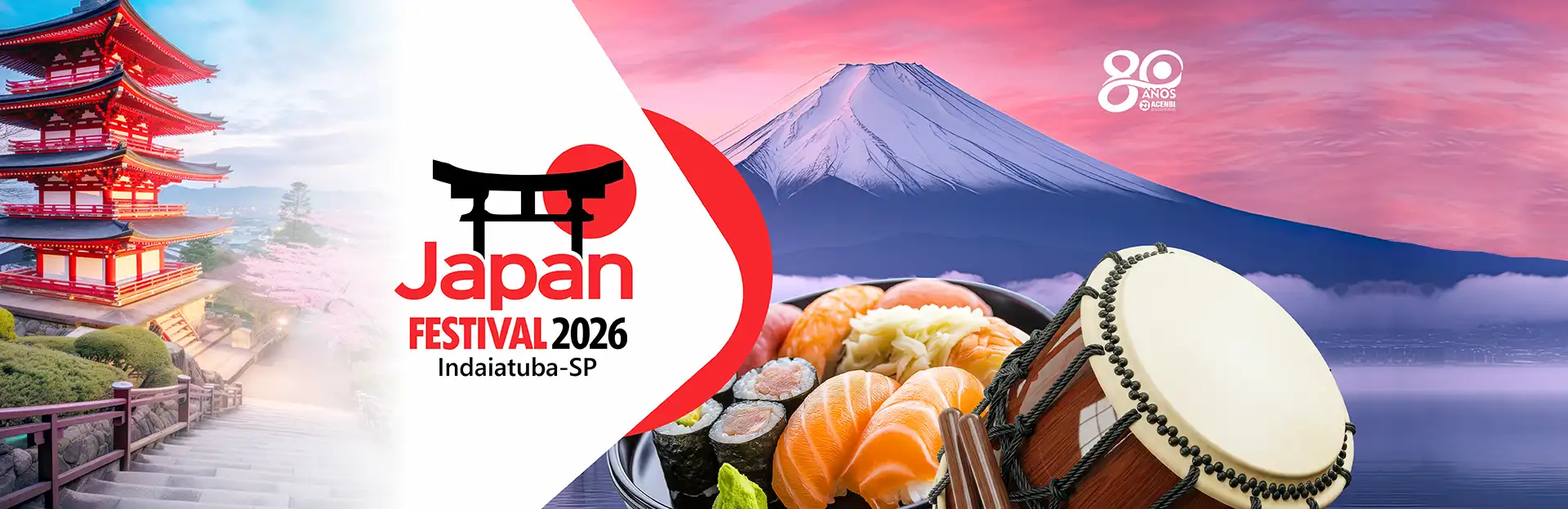 Banner do Japan Festival 2026 com o logo “Japan FESTIVAL 2026”, destaque para culinária japonesa com sushi e taiko, e ao fundo o Monte Fuji e o templo japonês.
