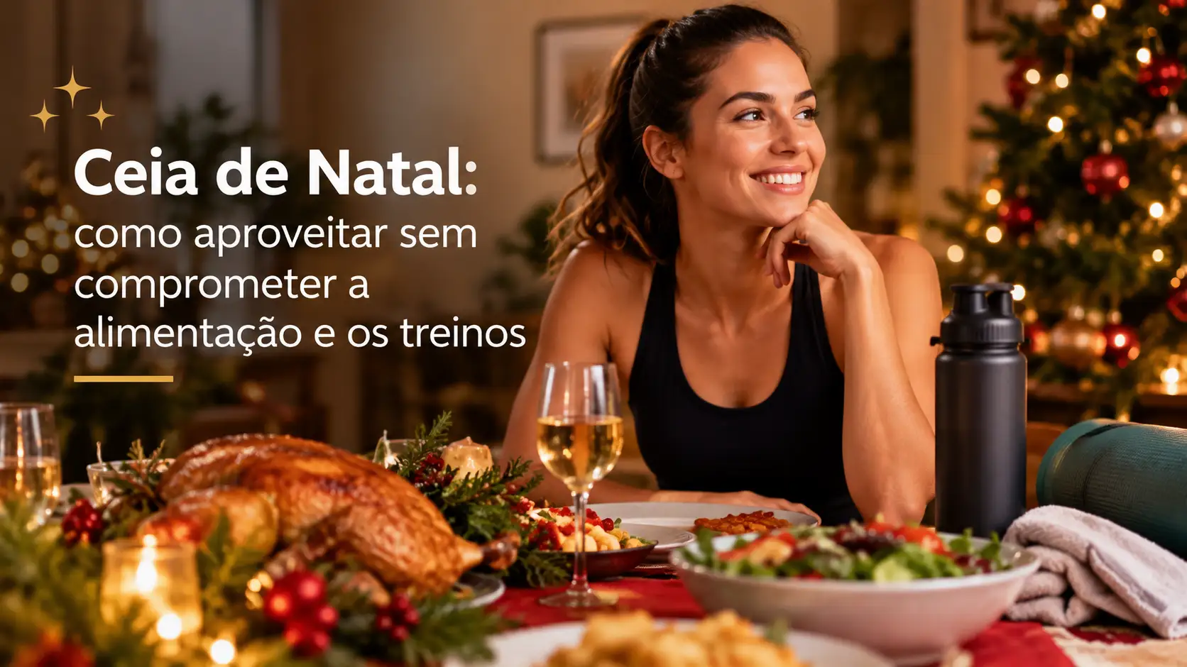 Mulher sorridente em ceia de Natal com roupa esportiva, mesa posta com peru, saladas e taças ao lado de garrafa térmica, com luzes natalinas ao fundo. Texto: "Ceia de Natal: como aproveitar sem comprometer a alimentação e os treinos".