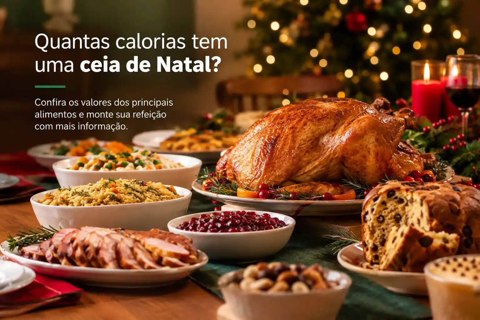 Mesa posta de ceia de Natal com peru assado, saladas, molho de frutas vermelhas e pães, com velas e luzes de árvore ao fundo.