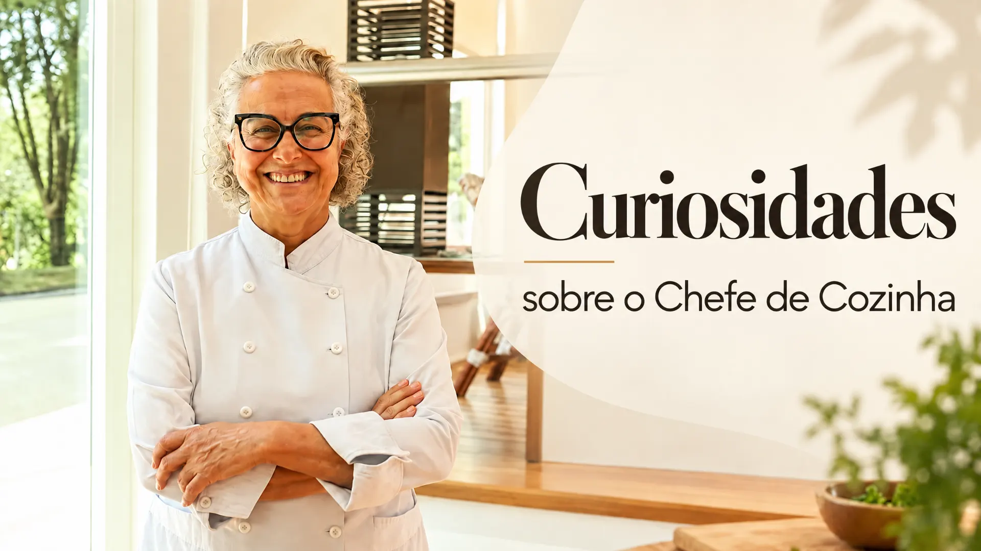Chef de cozinha sorridente, de braços cruzados, em estúdio iluminado, com texto “Curiosidades sobre o Chefe de Cozinha” na imagem.