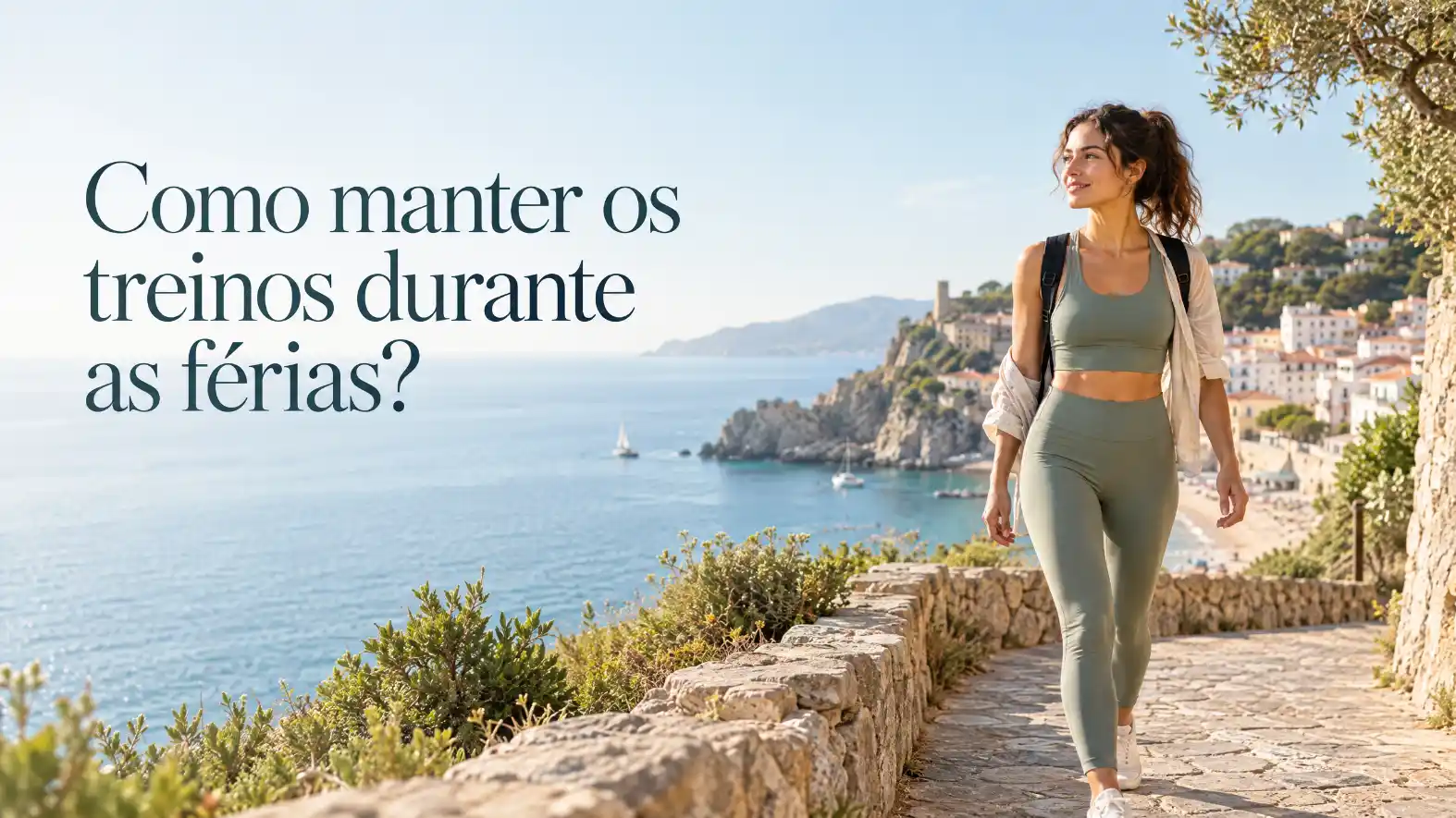 Mulher atleta em trajes de treino verde caminha em um caminho à beira-mar com vista para o mar e cidade nas férias, ao ar livre, com texto “Como manter os treinos durante as férias?”.
