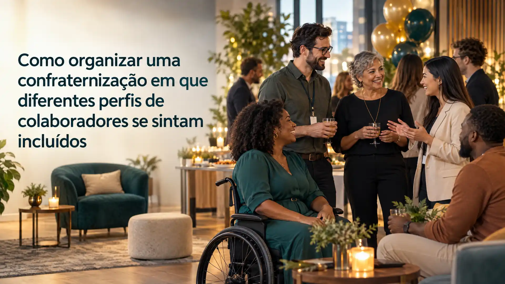 Confraternização corporativa em ambiente interno, com pessoas conversando e brindando; uma mulher em cadeira de rodas participa com expressão de integração e inclusão.