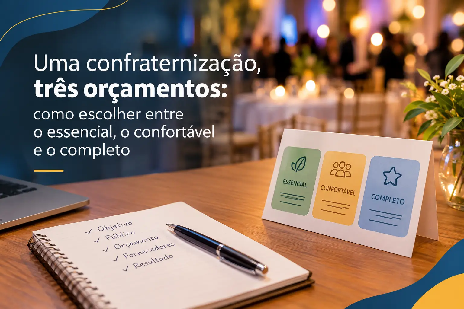 Mesa com caderno, caneta e opções de serviços em cartões “Essencial”, “Confortável” e “Completo”, ao lado de um notebook, em ambiente de confraternização com luzes ao fundo.