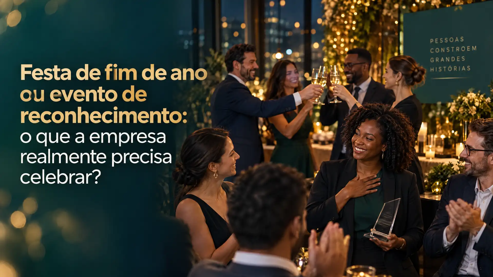 Imagem de evento corporativo de fim de ano com pessoas brindando e celebrando em uma festa, com texto sobre reconhecimento: “Festa de fim de ano ou evento de reconhecimento: o que a empresa realmente precisa celebrar?”