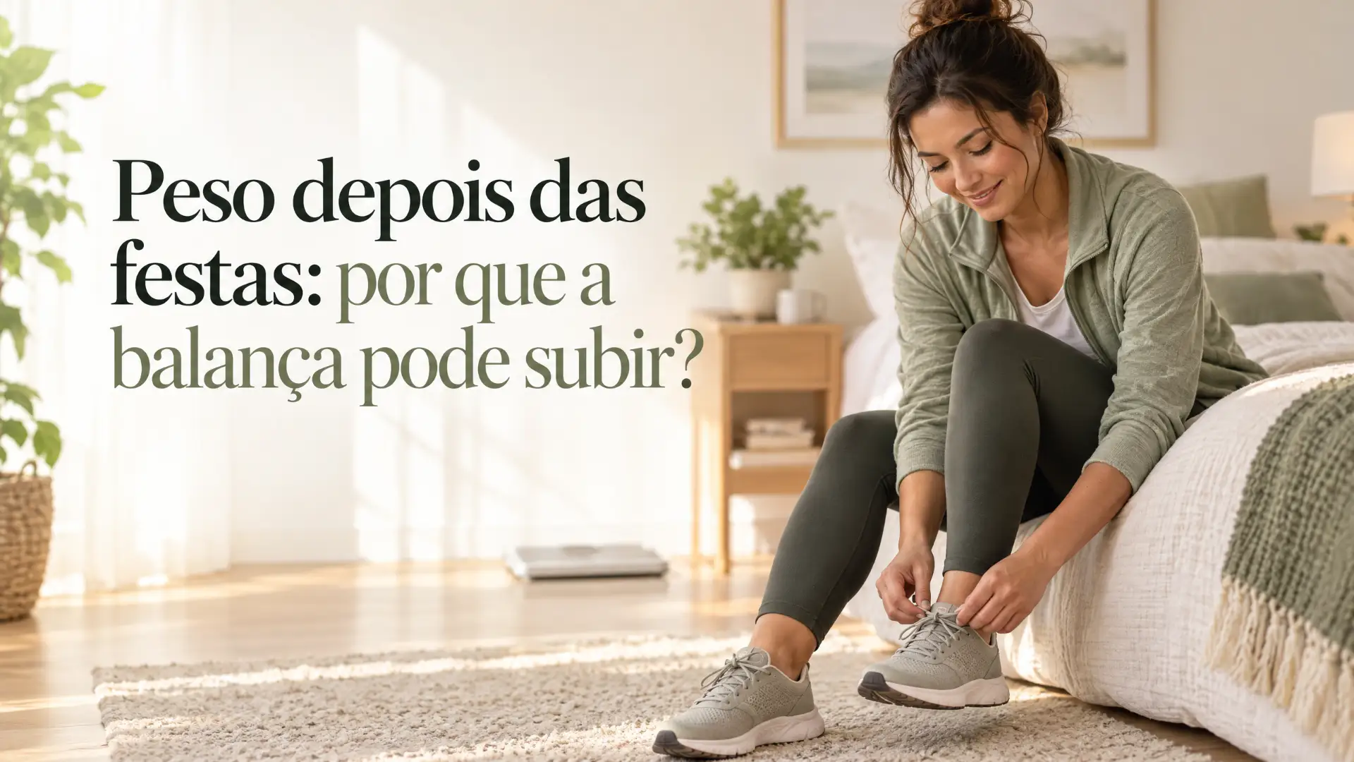 Mulher amarrando o cadarço do tênis em casa, sentada ao lado de uma almofada no sofá, enquanto lê o texto “Peso depois das festas: por que a balança pode subir?”.