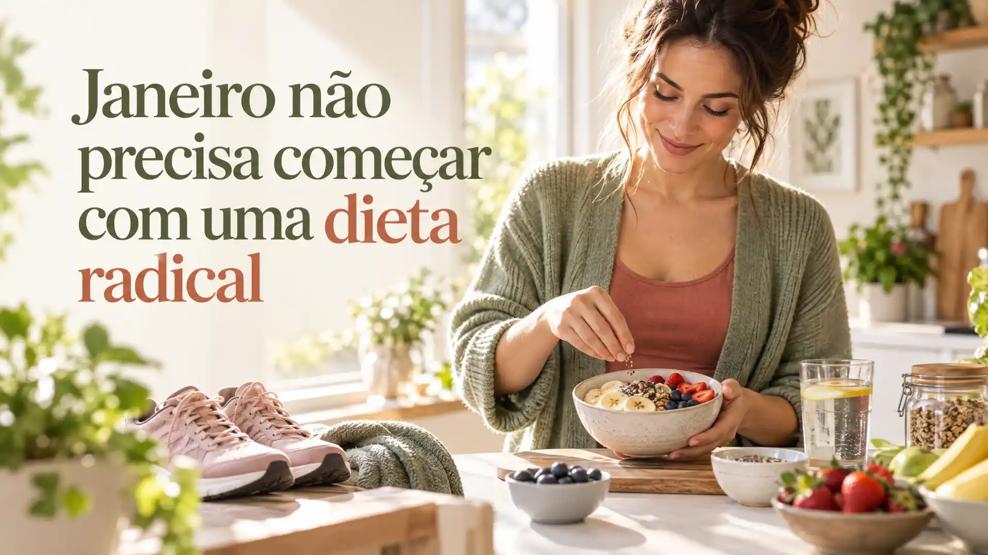 Mulher em casa preparando e comendo uma tigela de frutas e alimentos saudáveis na mesa, enquanto usa agasalho verde; ao lado aparecem palavras “Janeiro não precisa começar com uma dieta radical”.