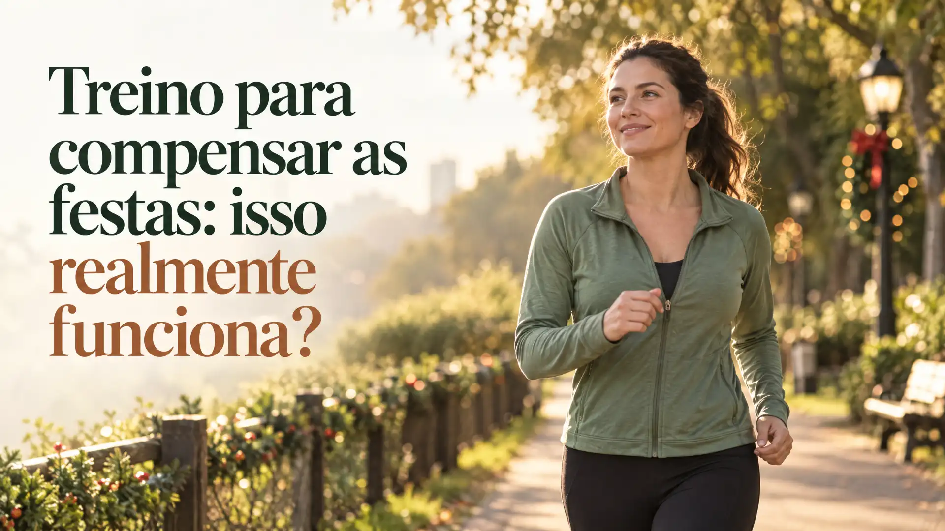 Mulher correndo em um parque ao pôr do sol, usando jaqueta esportiva verde e segurando o ritmo, com texto na imagem “Treino para compensar as festas: isso realmente funciona?”