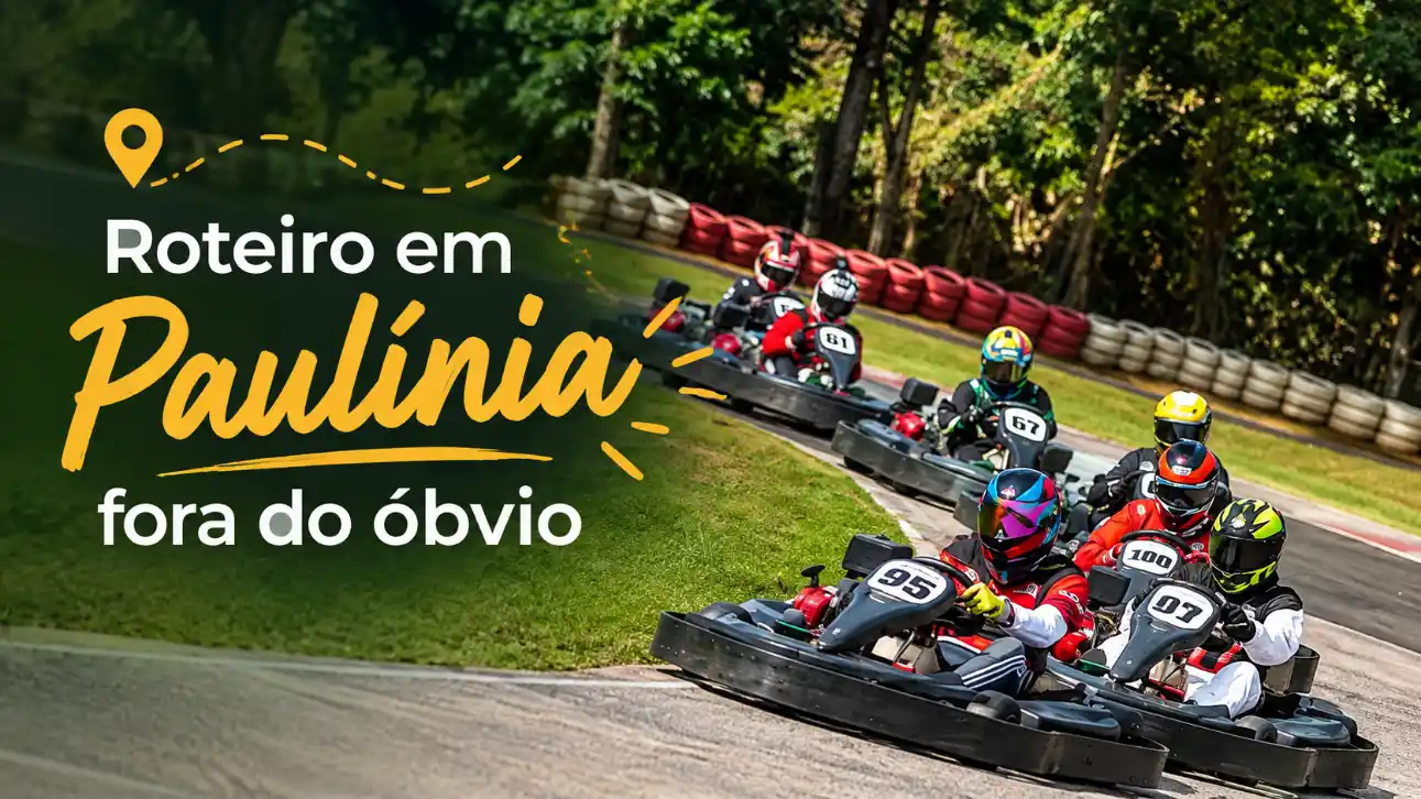 Pista de kartodromo com pilotos em kart, em meio a vegetação; texto “Roteiro em Paulinia fora do óbvio” na arte promocional.