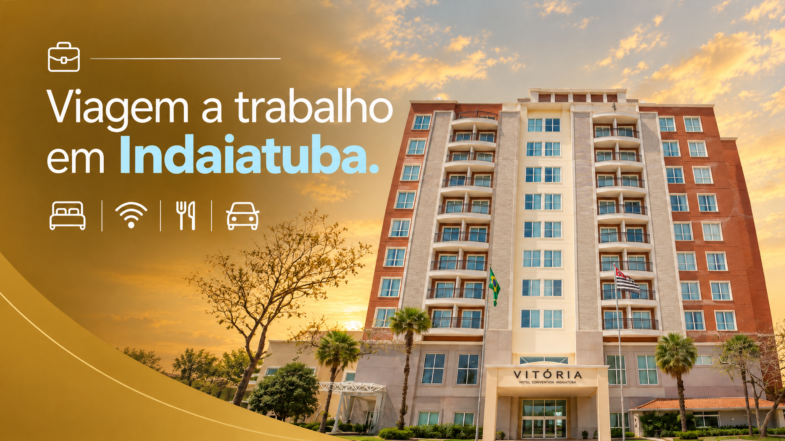 Prédio de hotel ao entardecer em Indaiatuba, com texto “Viagem a trabalho em Indaiatuba.” sobreposto na imagem.